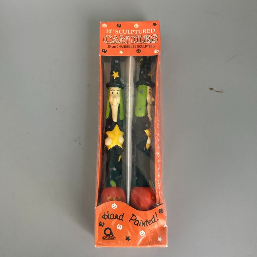 Amscan Halloween Witch Sculptured Candles 10 Inch Hand Painted Vintage Pair
